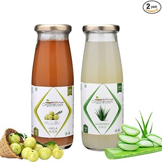 OrganiKrishi Amla Juice + Aloevera Juice | 100% Pure & Natural | No Added Sugar | with Fiber in Glass Bottle | Detoxifier, Immunity, Energy & Digestion Booster